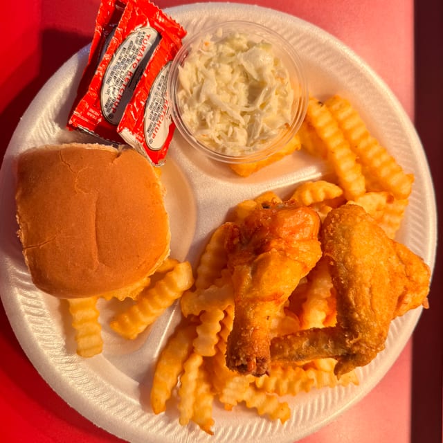 2 PC 1 Leg 1 Wing Dinner Includes Fries,Slaw & Roll.