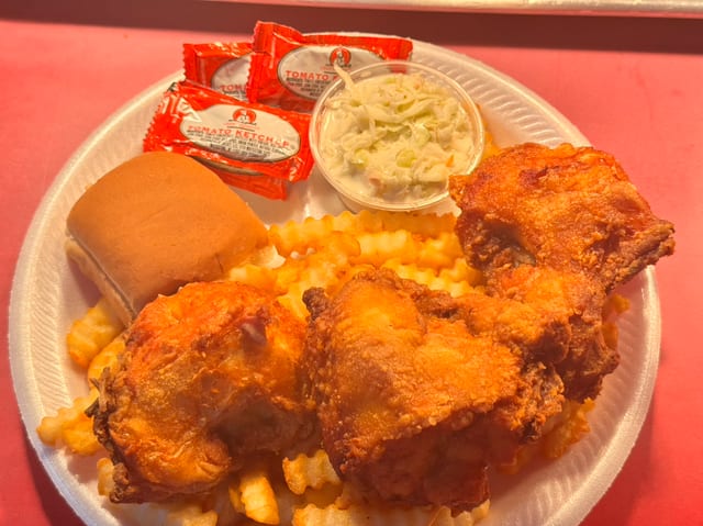 3 PC Breast Dinner Includes Fries, Slaw & Roll.