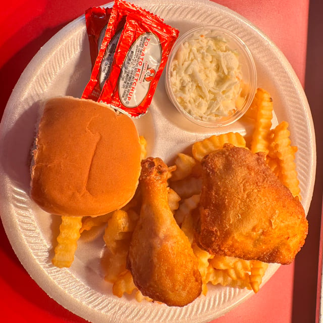 2Pc 1 Thigh,1 Leg Dinner Includes Fries,Slaw &Roll.