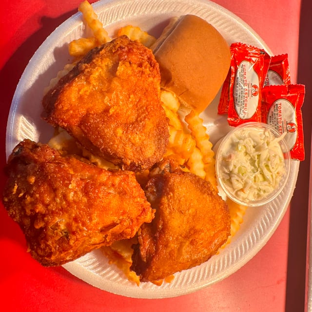 3 Pc Thigh Dinner Includes Fries,Slaw & Roll.