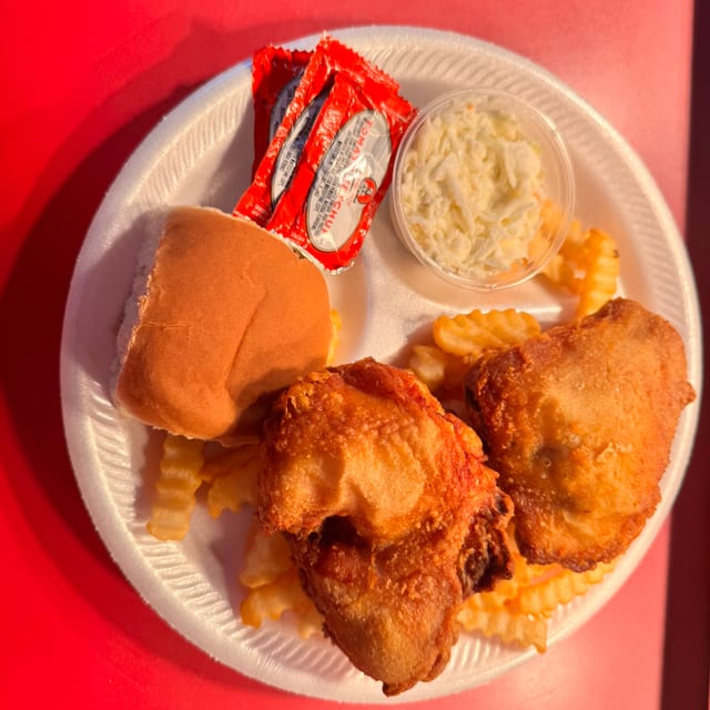 2 PC 1 Breast 1 Thigh Dinner Includes Fries,Slaw & Roll.