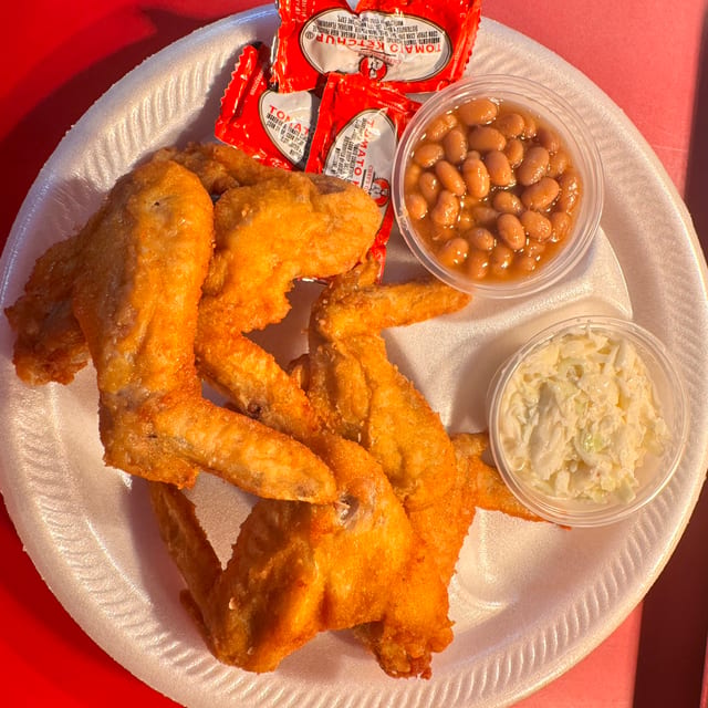 5 Pc Whole Wings Dinner Fries,Slaw & Roll.