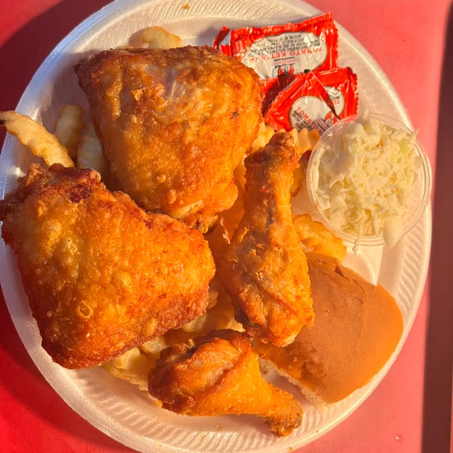 4 PC Dark Dinner 2 Thigh,2 Leg Includes Fries, Slaw & Roll.